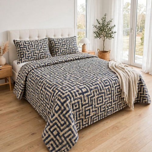 Couvre-lit Matelassé Géométrique Bleu et Beige