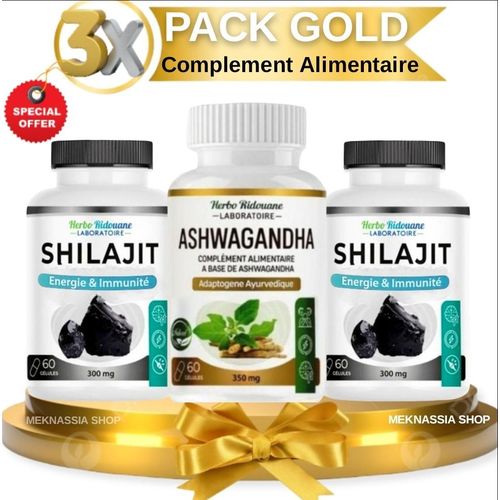Pack 3x Bouteilles Complément Alimentaire- Capsules Shilajit 300 mg, 120 Gélules - A'shwagandha 350 mg, 60 Gélules, Shilajit diminue les allergies et les problèmes respiratoires, Vitalité & endurance - Anti-stress naturel ,désir sexuelle.