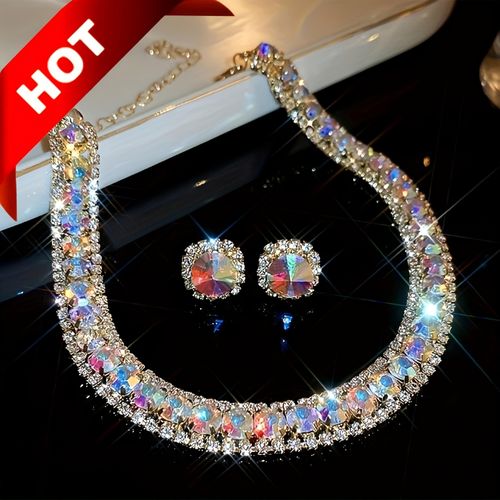 Ensemble de luxe collier et boucles d'oreilles en cristal et strass pour femme–Bijoux de mariage et de cérémonie