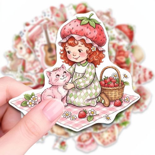 50pcs Stickers Tendance Été Goût Fraise, Stickers Histoire d'Été Fraise. Idéal pour Ordinateur Portable, Gourde, Téléphone, Journal, Scrapbook, Pare-chocs, Skateboard, Moto, Bagage