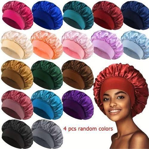 4 Pcs Random colors Bonnets de Nuit en Satin Ultra-Doux, Bonnets de Sommeil Réglable pour Cheveux Bouclés, Lisses ou Crépus – Confort