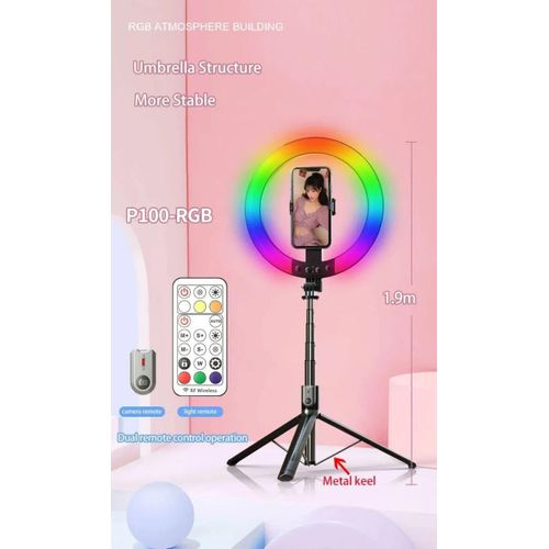 P100-RGB Selfie Stick 10 "RVB Anneau Lumineux 1.9m 7section Télescopique En Alliage D'aluminium Selfie Bâton Trépied pour prometteur Vidéo Vlog en Direct