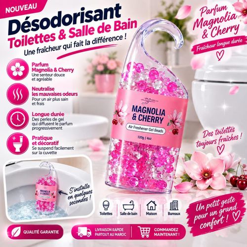 Désodorisant WC & Salle de Bain Magnolia & Cherry – Gel Perles Parfumées 120g – Fraîcheur Longue Durée – Neutralise les Mauvaises Odeurs
