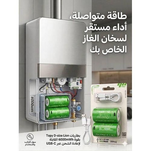 2 piles D LR20 rechargeables via USB Type-C Lithium Li-ion haut Capacité 9500mwh