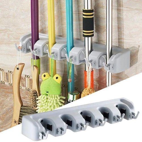 Porte-Balai Mural Support Mural Multifonctionnel À 5 Emplacements Et 6 Crochets