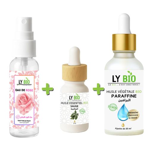LYBIO PACK EAU DE ROSE 100ML + HUILE ESSENTIEL SAUGE 10ML + HUILE PARAFFINE 50ML - PIPETTE