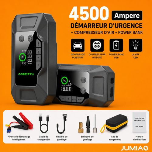 démarreur gonfleur pour voiture 4500A avec Compresseur d'Air 150 PSI, Power Bank USB, Lampe LED – Booster de Batterie pour Voiture