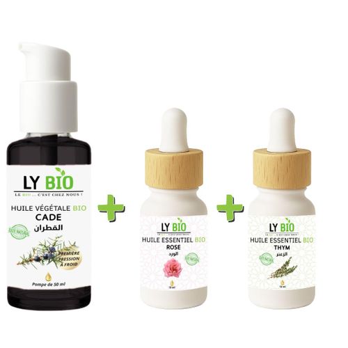 PACK HUILE CADE 50ML - POMPE + HUILE ESSENTIEL ROSE 10ML + HUILE ESSENTIEL THYM 10ML