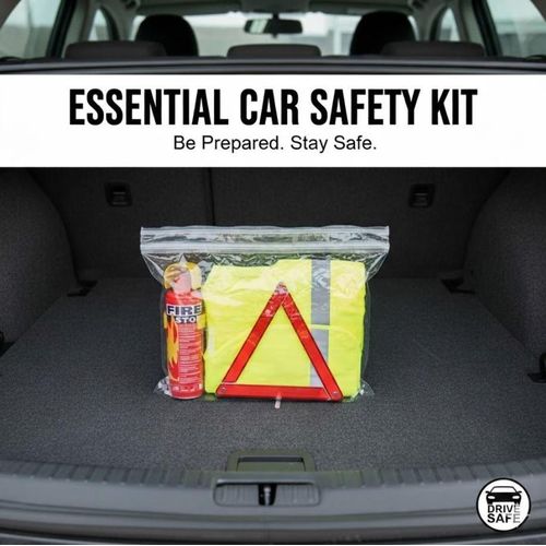 Kit de Sécurité Auto Essentiel 3-en-1 Extincteur 1kg Gilet Haute Visibilité Triangle de Présignalisation Réflecteur - Conforme aux Normes
