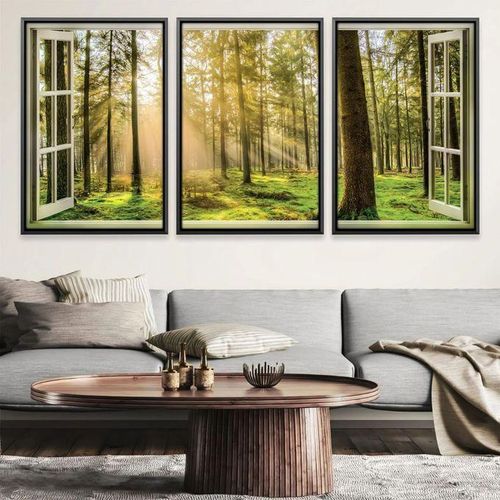 Tableau Triptyque Forêt Ensoleillée - Set de 3 Toiles Murales avec Effet Fenêtre Ouverte
