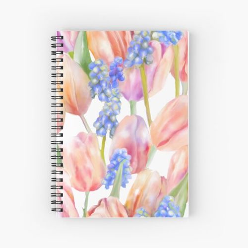 Tulips and Grape Hyacinth in Soft Watercolour Spiral Notebook Bloc note