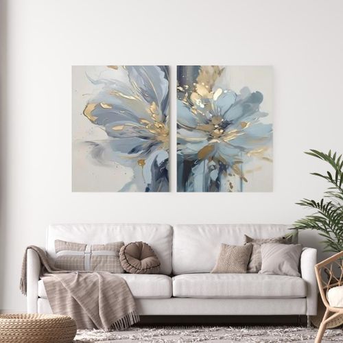 Duo de Tableaux Décoratifs Modernes - Art Abstrait Floral Bleu Ciel et Éclats d'Or sur Toile Canvas avec Châssis en Bois Invisible