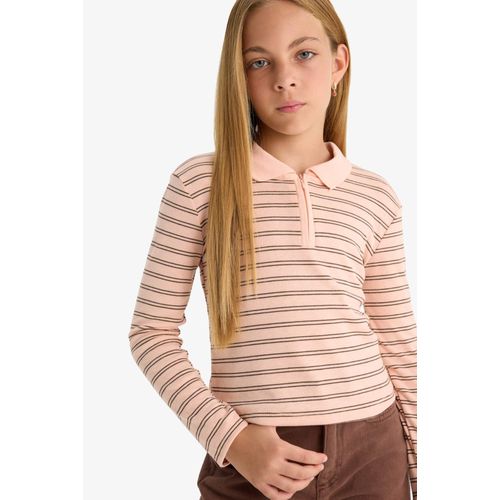 T-shirt côtelé slim à col polo rayé manches longues pour fille