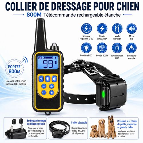 Collier de Dressage pour Chien 800M Rechargeable Imperméable avec Télécommande LCD, Modes Vibration, Son, Lumière et Stimulation Réglable
