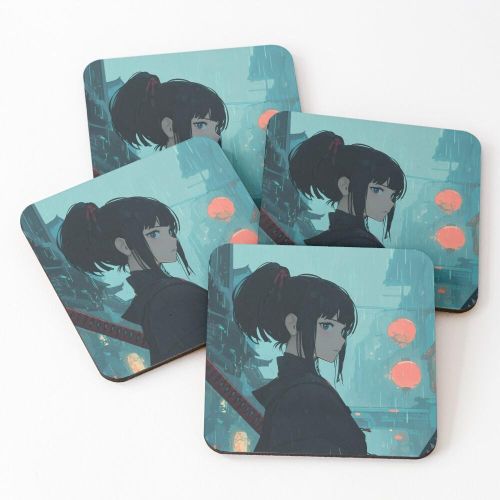 4 Dessous de Verre Ronin de la nuit pluvieuse sous tasse unique