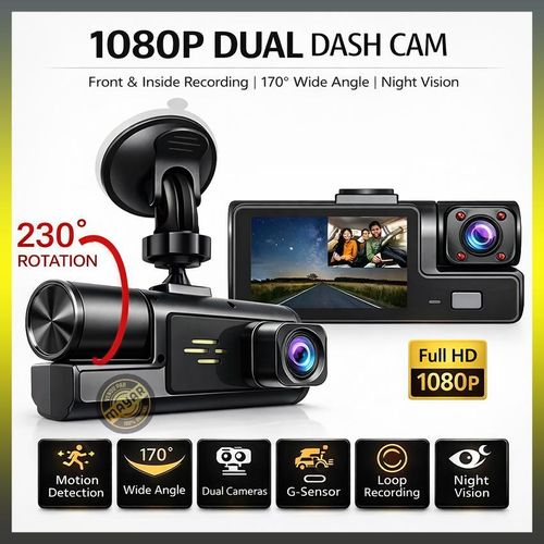 Caméra de Tableau de Bord Double Objectif 1080P – Dash Cam Avant + Intérieur avec Vision Nocturne, Grand Angle 170°, G-Sensor & Enregistrement en Boucle