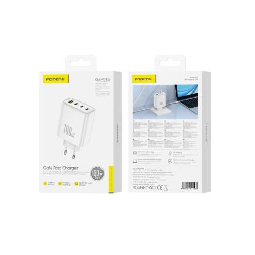 Chargeur mural rapide GaN 100 W 3 ports USB-C + USB-A QC 3.0 Blanc PD Haute Qualité