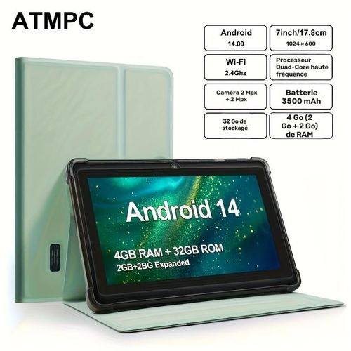 Tablette 7 Pouces Android 14, WiFi, 4GB RAM, 32GB ROM, pochette gratuite