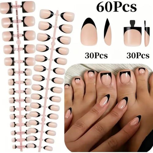 60 Faux Ongles+ Orteils press on à bout français pour doigts et orteils en forme d amande .