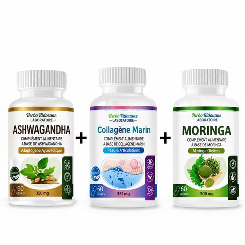 Pack Bien-Être 3 en 1 : Ashwagandha + Collagène Marin + Moringa – Anti-Stress, Peau & Énergie – 60 Gélules chacun