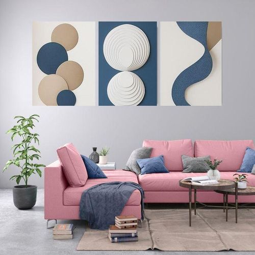Tableau Moderne Abstrait Géométrique Set de 3 Pièces Bleu Beige et Crème pour Décoration Salon