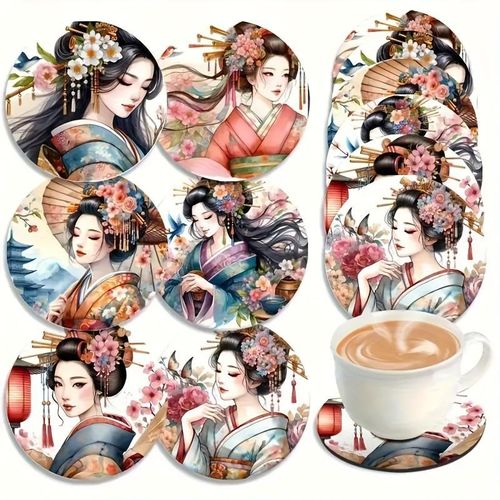 6 pièces de Sous-verres Japonais Élégants en bois carton - Design Traditionnel de Geisha et de Fleurs de Cerisier, Idéal pour la Cuisine, la Salle à Manger, le Thé, le Café ou le Sake Cadeau Parfait pour Amis et Famille Accessoires à Thème Geisha