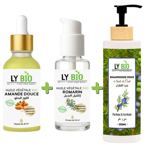PACK HUILE AMANDE DOUCE 50ML - PIPETTE + HUILE ROMARIN 50ml - POMPE + SHAMPOOING A L'HUILE DE CADE 200ML