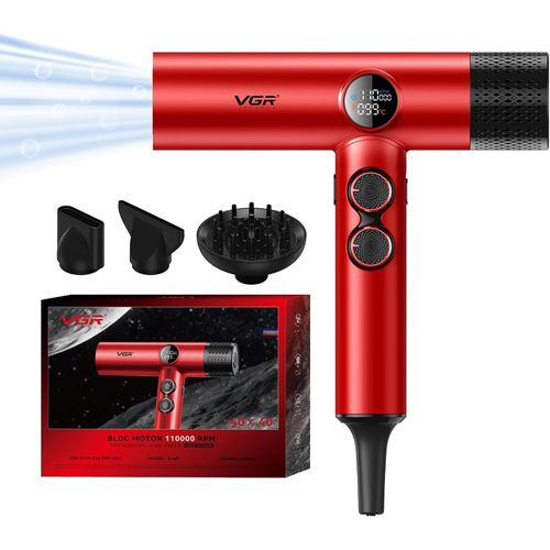 Sèche-Cheveux 1600W-1900W Ionique Négatif Moteur BLDC Professionnel pour Séchage Rapide, Écran LED Silencieux avec Contrôle Thermique et Vitesse RPM avec 1 Diffuseur Magnétique et 2 Buses, Rouge