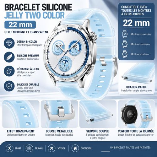 Bracelet Silicone Transparent Jelly Two Color 22mm – Style, confort et fixation rapide Quick Release - compatible avec tous les montres 22 mm Strap Pour Xiaomi Watch 5 Active / Lite Oraimo Amazfit Huawei Watch GT 4 5 6 7 Pro / Garmin Strap - Bleu Clair