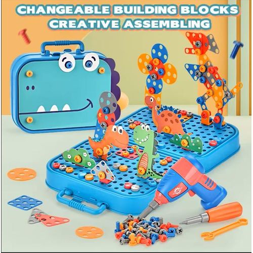 Jeu de Construction STEM Dinosaure pour Enfants avec Tournevis Électrique, Kit de Bricolage 3D à Visser, Jouet Éducatif Créatif avec Vis et Plaques, Boîte de Rangement Portable