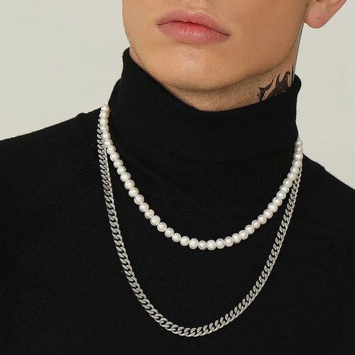 2 Colliers En Perles Et Acier inoxydable Chaîne Cubains Pour Hommes Stainless Steel 316L