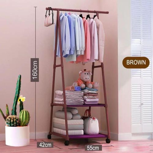 Porte-vêtements amovible de chambre à coucher avec roulettes porte-manteau et 2 étagères pour chaussures -BROWN-