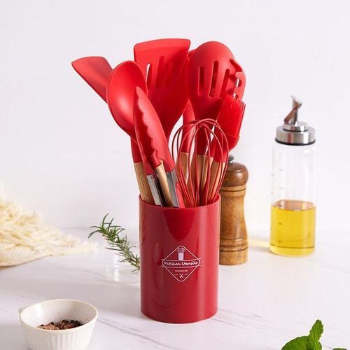 Set de Cuisine Professionnel 12 Pièces – Ustensiles en Silicone Souple & Bois Solide