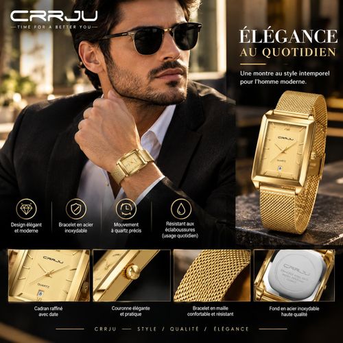 Montre Homme Élégante – Bracelet en Acier Doré, Cadran Rectangulaire avec Date