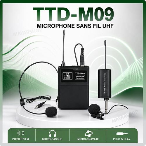 Microphone sans fil UHF TTD-M09 1 canal avec micro-casque et micro-cravate, récepteur jack 6,35 mm rechargeable, portée jusqu’à 50 m pour enceinte amplifiée, mixeur, enseignement, conférences et karaoké