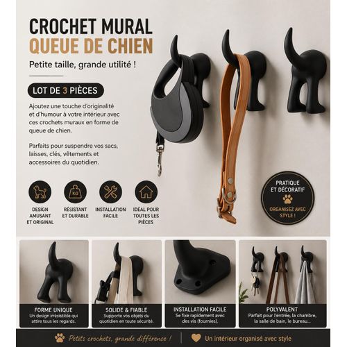 Crochets muraux décoratifs noirs – Lot de 3 pièces, design original en forme de queue de chien