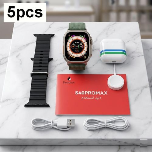 باقة متكاملة 5 في 1: ساعة ذكية، سماعات بلوتوث وسوار رياضي إضافي. استمتع بأفضل طقم تقني ليومك: تتبع الصحة، موسيقى لاسلكية وتصميم مرن. أداء عالي وتصميم متين