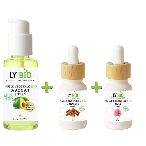 PACK HUILE AVOCAT 50ml - POMPE + HUILE ESSENTIEL CANNELLE 10ML + HUILE ESSENTIEL ROSE 10ML