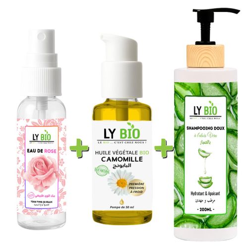حزمة LYBIO ماء الورد 100 مل + زيت البابونج 50 مل - مضخة + شامبو ألوة فيرا 200 مل