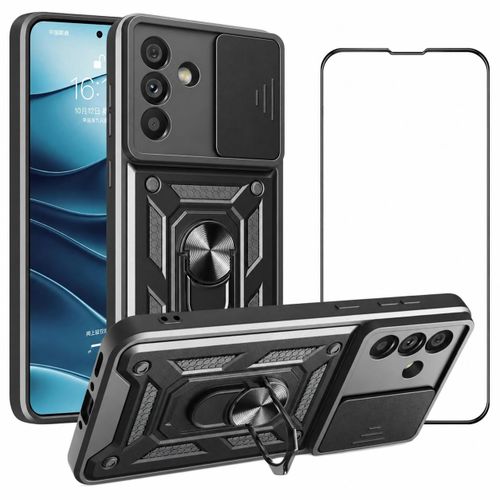 Coque Samsung Galaxy A57 5G avec Verre Trempé – Cache Caméra Coulissant, Anneau Magnétique Rotatif 360°, Antichoc, Antichute, Anti-rayures et Anti-jaunissement, Design Fin et Léger