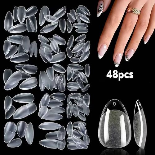 48 capsules dongles ultra-courtes en gel souple couverture complte forme amande XXS - Ongles pression sans couture longue tenue idales pour une manucure domicile - Qualit professionnelle 15 tailles disponibles