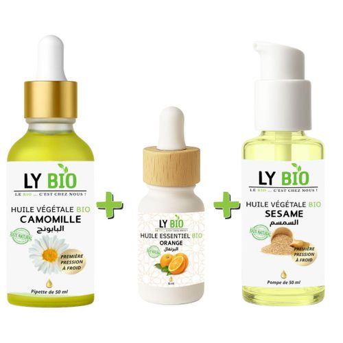 PACK HUILE CAMOMILLE 50ML - PIPETTE HUILE ESSENTIEL ORANGE 10ML HUILE SESAME 50ml - POMPE