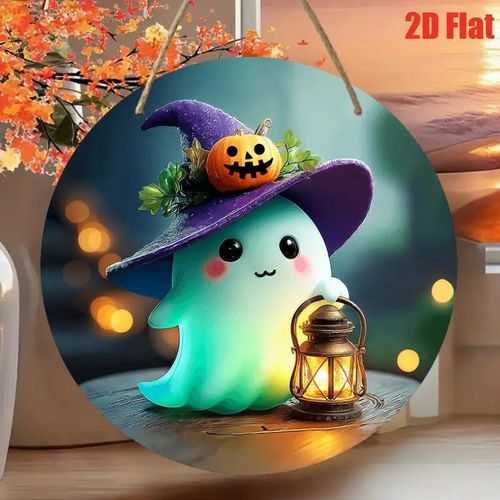 Décoration Murale Ronde Halloween 2D Plate - Chapeau de Sorcière et Citrouille Jack-O-Lantern en Bois Artificiel, Suspension Effrayante pour Intérieur/Extérieur, Décor Réutilisable Rétro pour Maison, Jardin ou Porche (Sans Piles/Électricité), 2D Plate