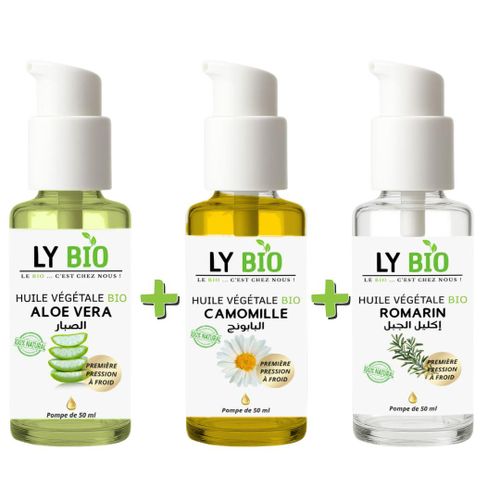 PACK HUILE ALOE VERA 50ml - POMPE + HUILE CAMOMILLE 50ML - POMPE + HUILE ROMARIN 50ml - POMPE