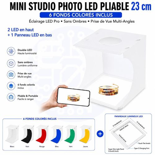 Mini Studio Photo LED Pliable 23 cm avec Fonds Colorés – Boîte à Lumière pour Photographie de Produits