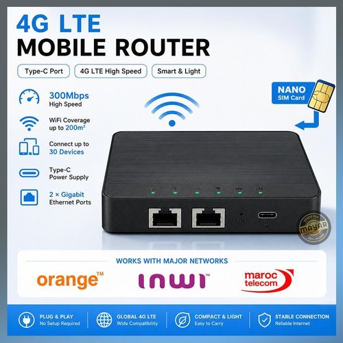 Mini Routeur 4G LTE WiFi avec Carte SIM – 2 Ports Ethernet – WiFi 300 Mbps – Antennes 4×5dBi – Plug & Play USB-C – Couverture jusqu’à 200m – Modèle CPE301K