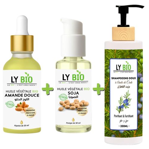 PACK HUILE AMANDE DOUCE 50ML - PIPETTE + HUILE SOJA 50ML - POMPE + SHAMPOOING A L'HUILE DE CADE 200ML