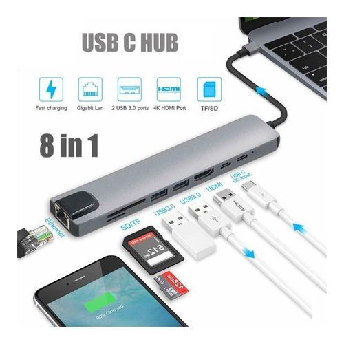 Adaptateur 8 en 1 Type-C vers PD HDTV HDMI 4K RJ45 USB 3.0/3.1 carte SD/TF MacBook Windows