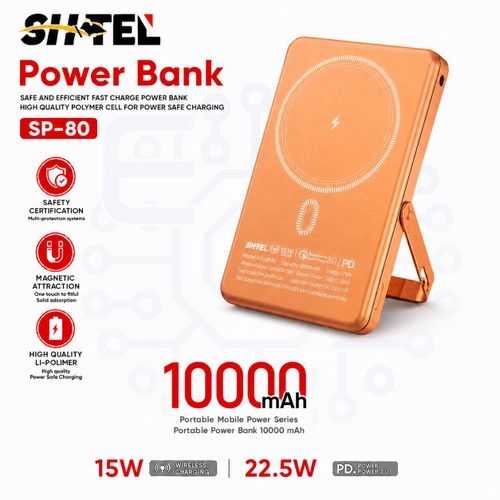 Power Bank Magnétique 10000mAh sp-80 Orange – Charge Sans Fil 15W & Charge Rapide 22.5W avec Support Intégré