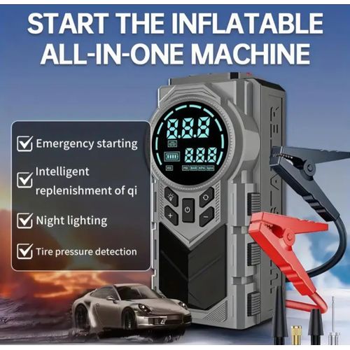 Compresseur Multifonction 5-en-1, Gonfleur de Pneus Numérique 150PSI, Chargeur de Batterie Voiture et Lampe Torche LED - Portable 10L Essence 9.0L Diesel Véhicule, Inclut Divers Adaptateurs